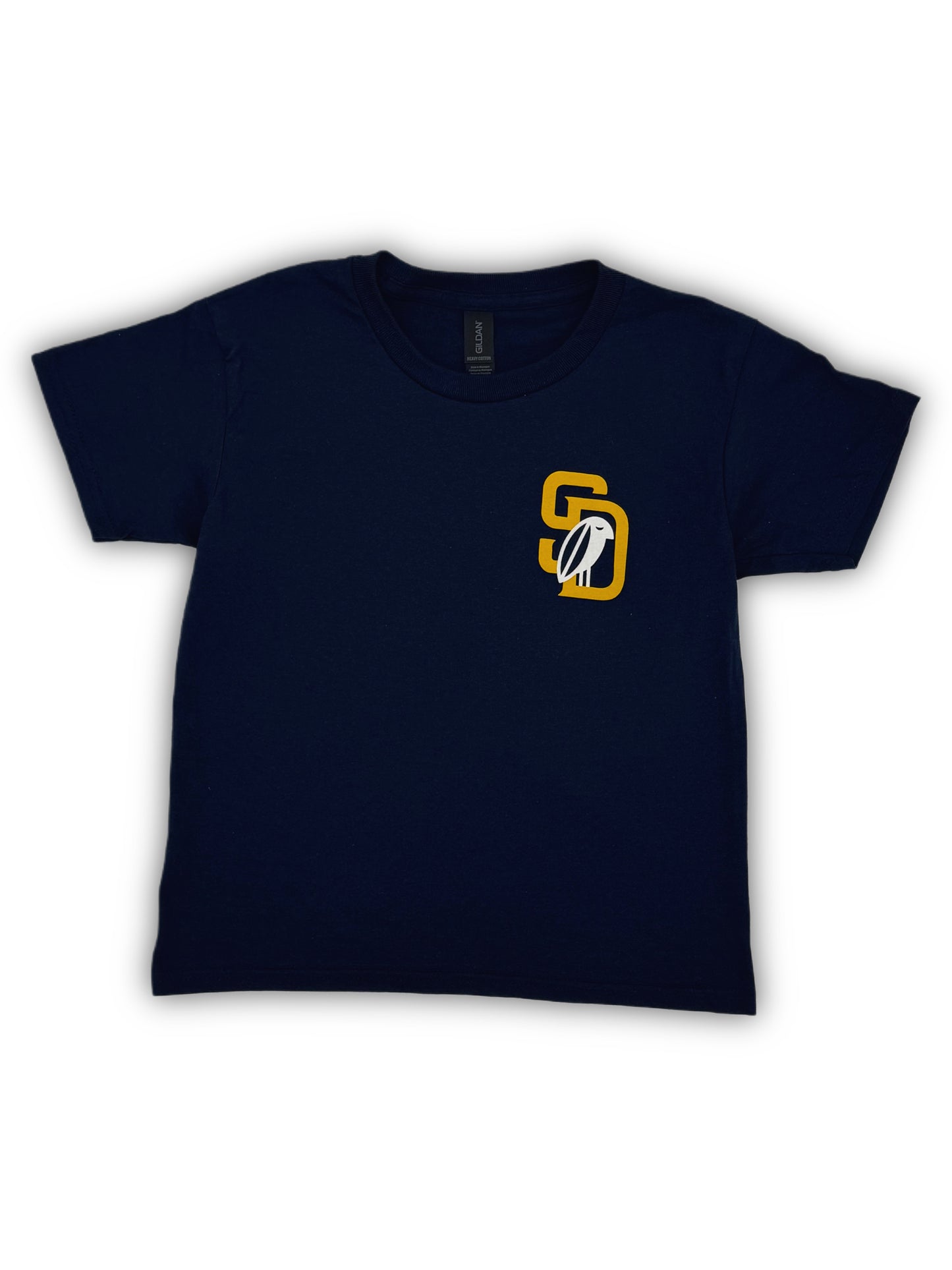 Navy blue t-shirt with a logo on the chest against a white background