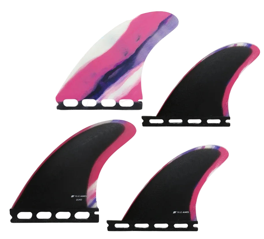 Four surfboard fin blades arranged on a white background, with a blue '4 FIN SET' graphic in the top left. The fins have a black center with a pink and purple marbled edge.