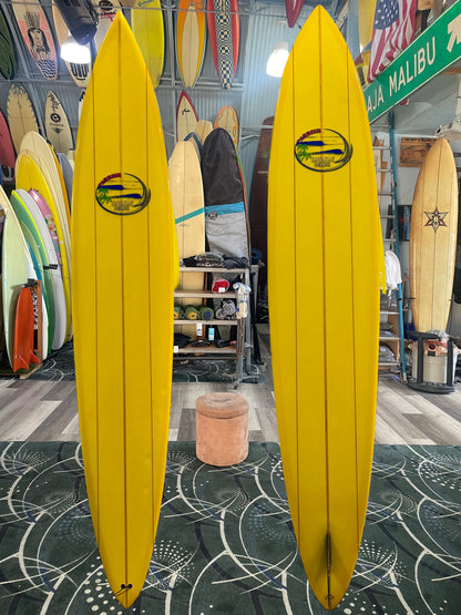 9'6 TOM PARRISH SINGLE FIN - PIN - TRIPLE STRINGER - YELLOW