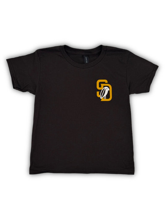 BROWN t-shirt with a yellow and white logo on a white background