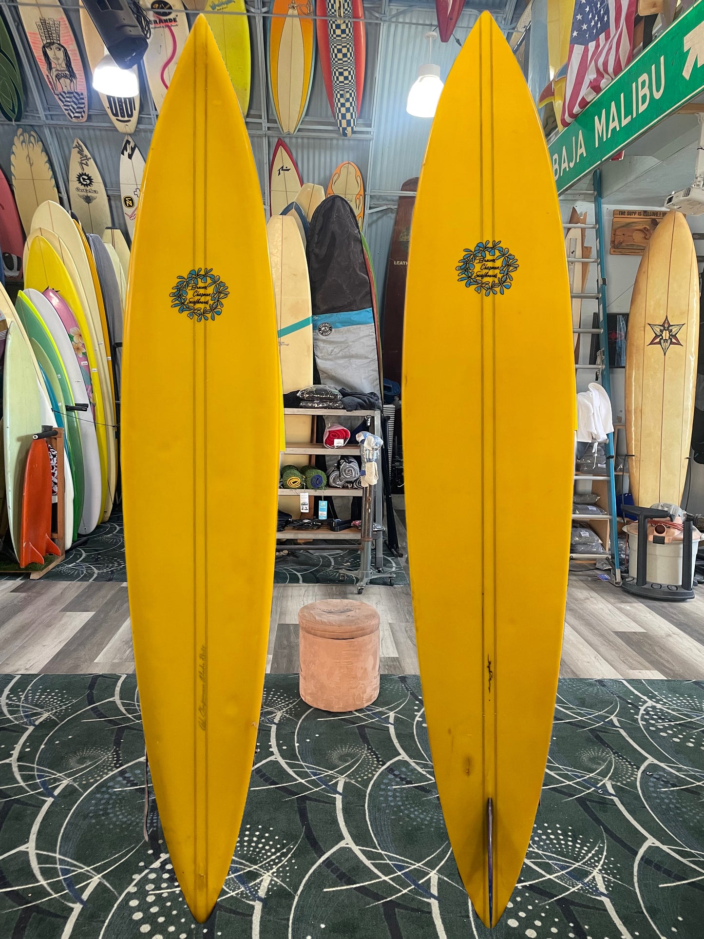 8'10 BREWER CHAPMAN SINGLE FIN - PIN - DOUBLE STRINGER - YELLOW