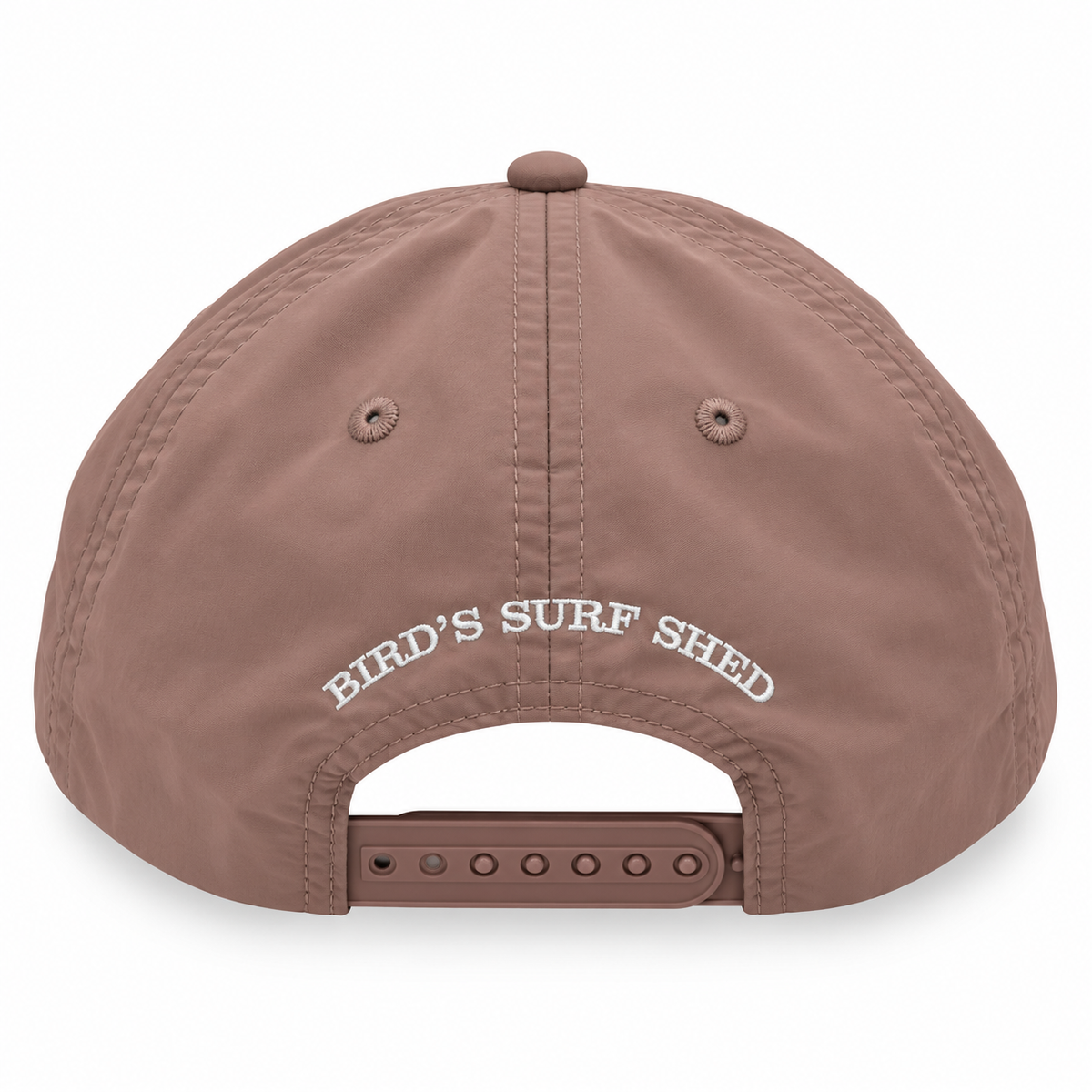 A dusty brown snapback cap shown from the back, featuring 'BIRD'S SURF SHED' embroidered in white across the back panels and an adjustable brown strap at the bottom.
