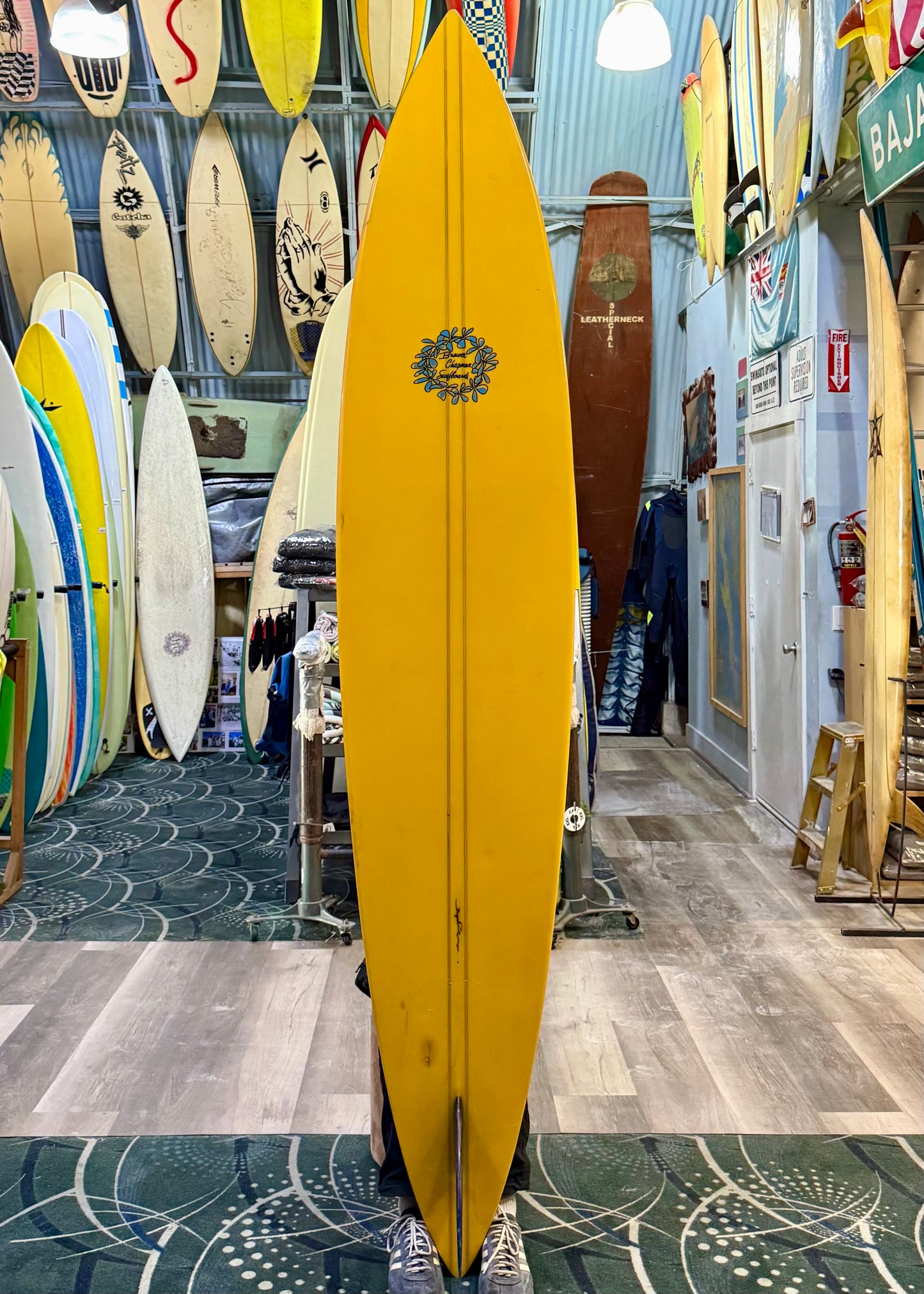 8'10 BREWER CHAPMAN SINGLE FIN - PIN - DOUBLE STRINGER - YELLOW