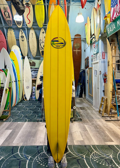 9'6 TOM PARRISH SINGLE FIN - PIN - TRIPLE STRINGER - YELLOW
