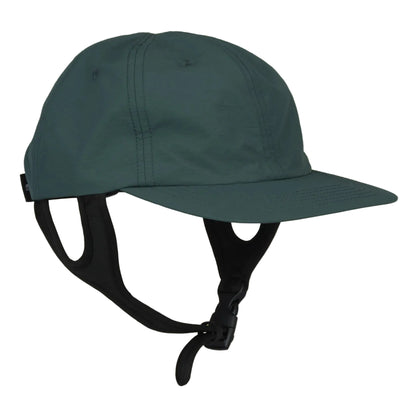 A dark green outdoor cap with a curved brim and a black chin strap, shown against a solid olive yellow background.