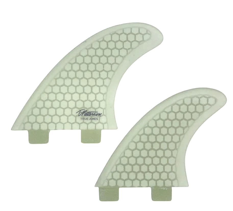 Two surfboard fins with a honeycomb pattern on a white background, featuring the '4 FIN SET' and 'True Ames' branding.