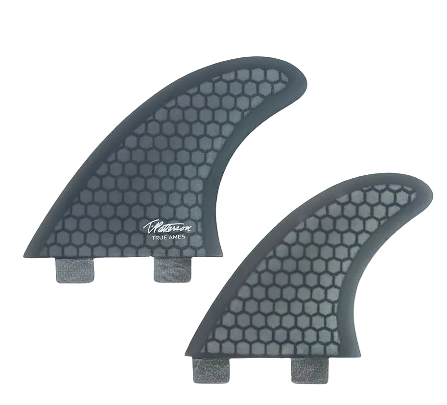 Two gray surfboard fins with a brand logo on a white background, labeled '4 Fin Set'.