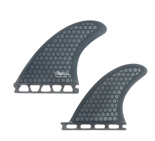 Two gray honeycomb-patterned surfboard fins with '4 Fin Set' branding on a white background.