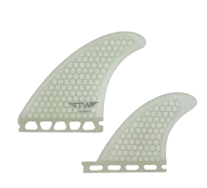 Two surfboard fins with a visible brand logo on a white background