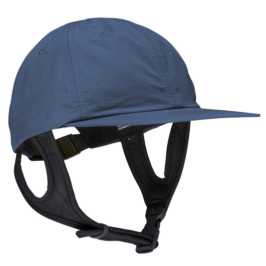 Blue helmet with chin strap on a white background