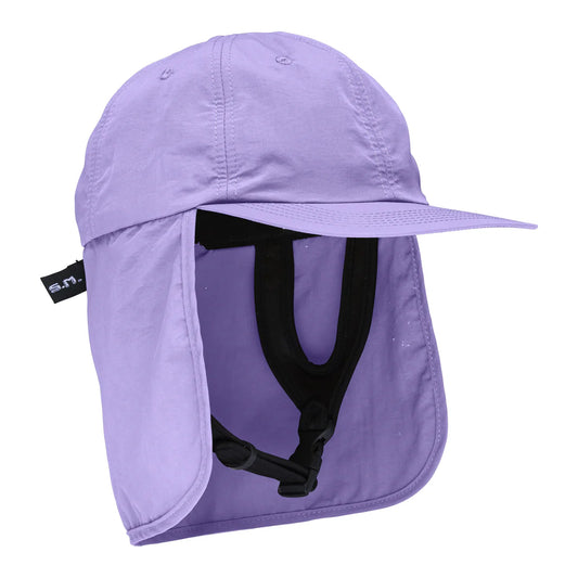 Purple sun hat with neck flap on a white background